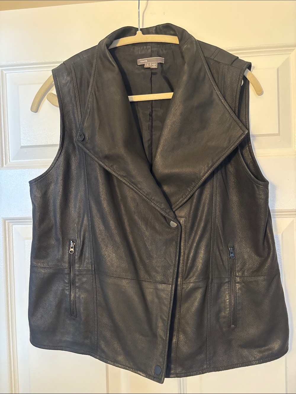 Vince Black Leather Draped Collar Sleeveless Vest